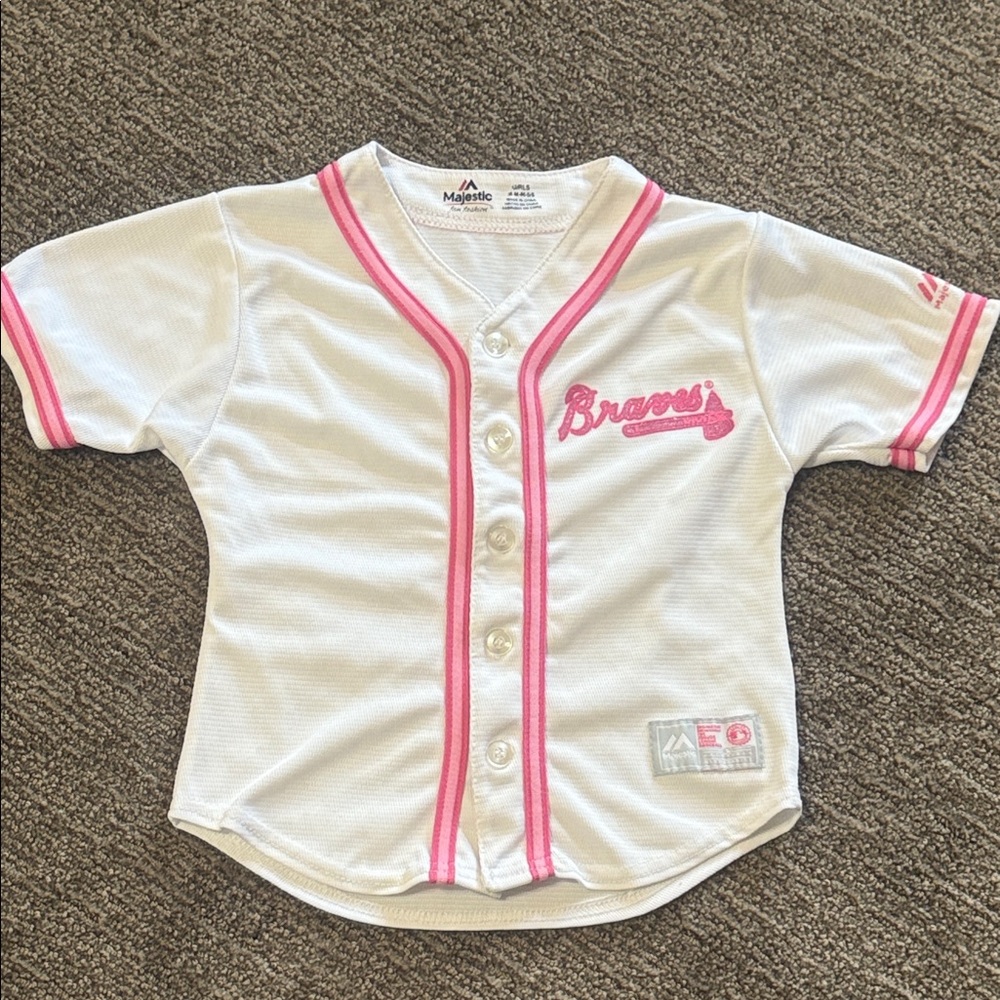 Majestic Kids' White and Pink Braves Jersey